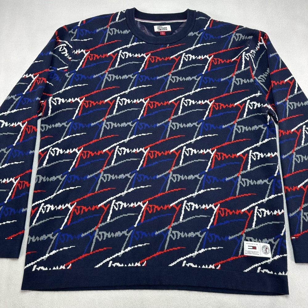 Tommy Hilfiger Denim Sweater Mens XL Blue Logo Crewneck Pullover Knit Graphic